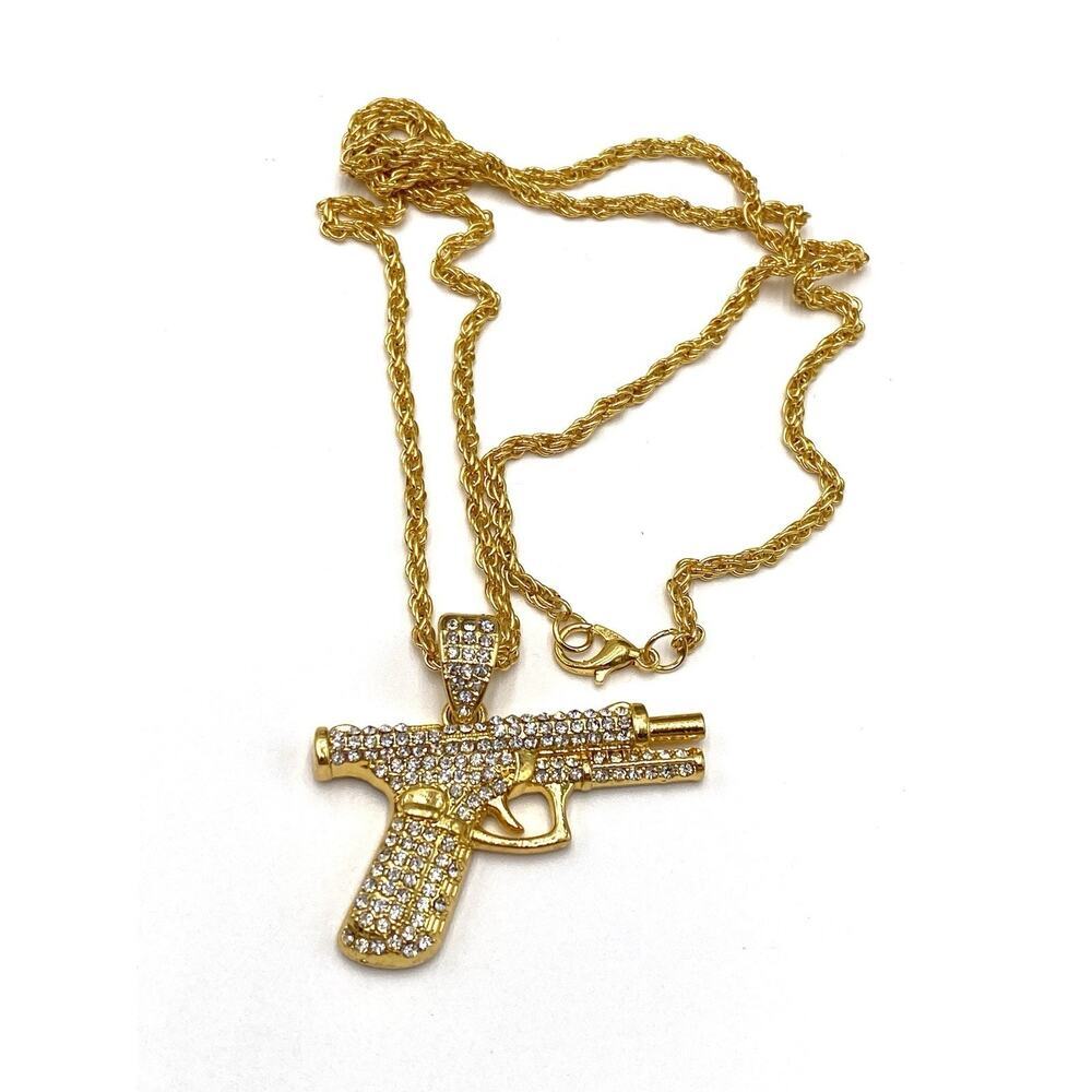 Gold Plated Bling Gun Rifle Uzi AR15 Pendant 24" Rope Chain Necklace